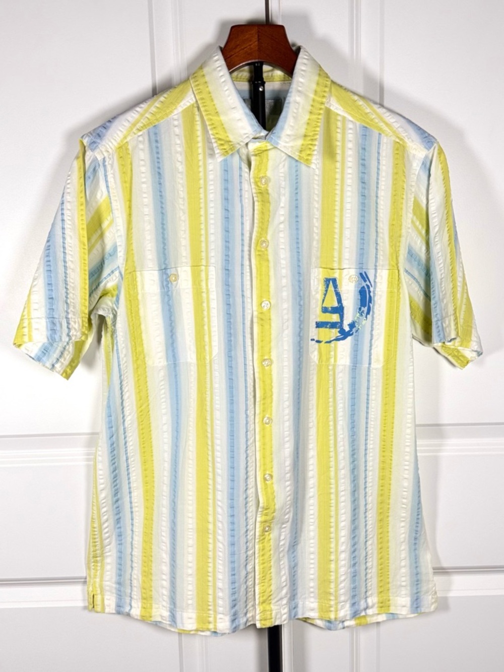 Azzaro Nautical Coastal Resort Stripe Cotton Shirt Blue Yellow Summer Casual M